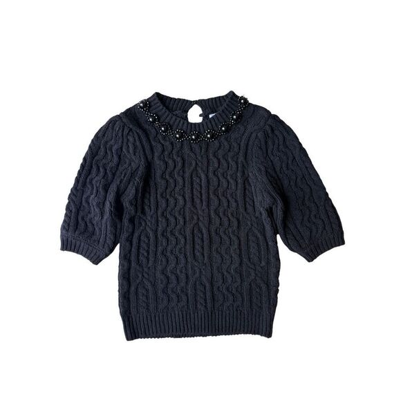 ZARA High Collar Cable Knit Sweater With Tonal Beads & Shorts Sleeves - Picture 6 of 12